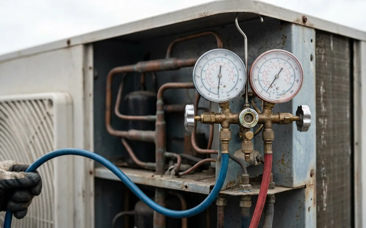 refrigeration manifold gauge set connected to the service ports of a condenser refrigeration manifold gauge set connected to the service ports of a condenser