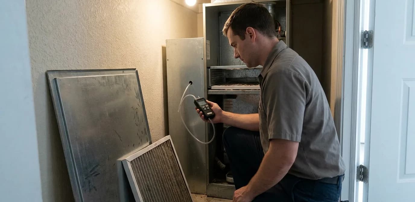 technician taking a static pressure reading at an opened air handler with a manometer technician taking a static pressure reading at an opened air handler with a manometer